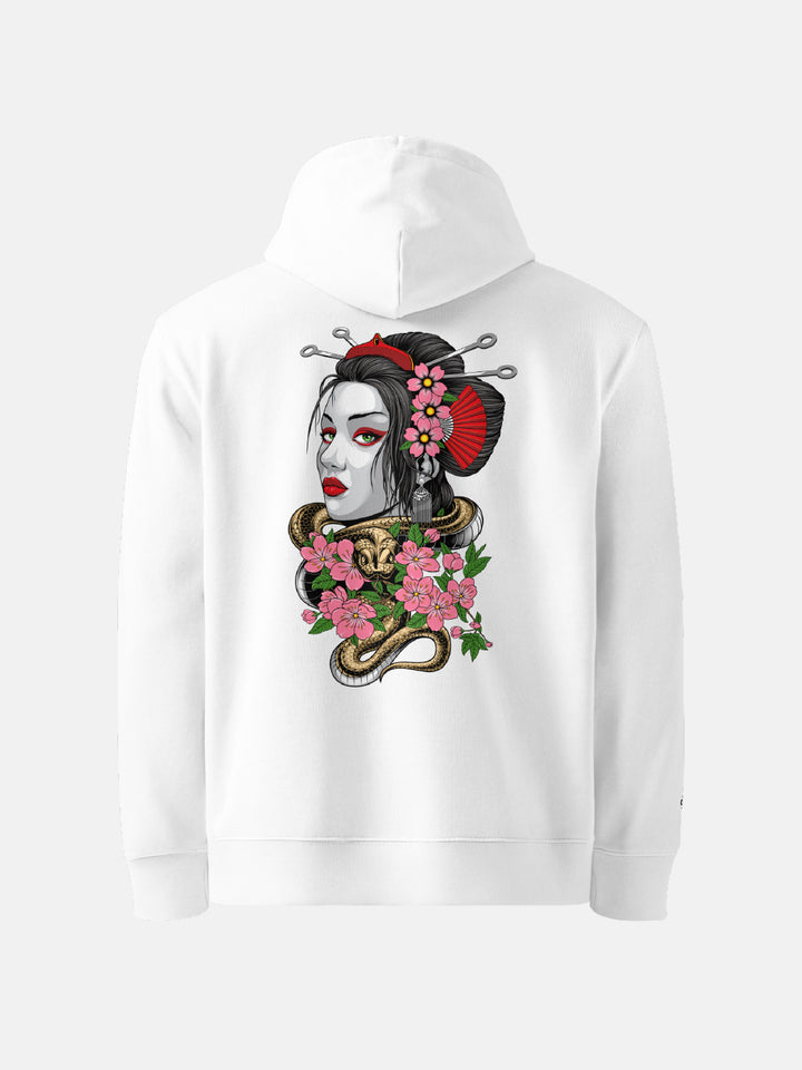 geisha and snake graphic on the back of a white hoodie