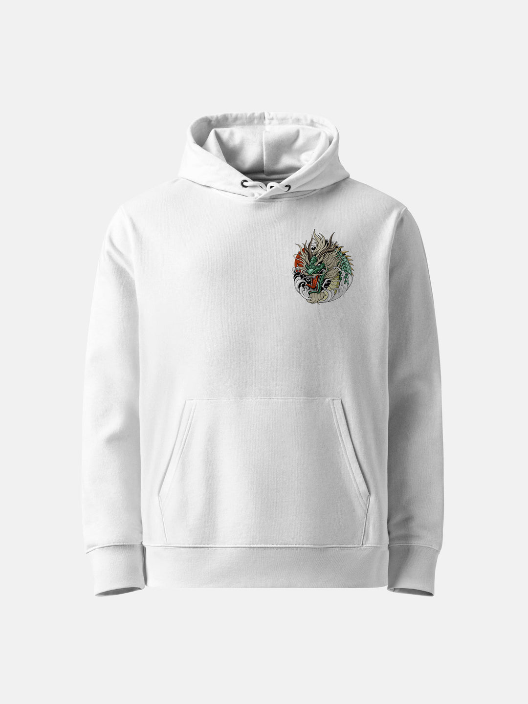 white hoodie Front view with left chest jade dragon head detail