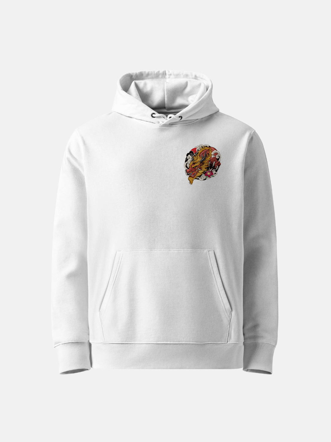White Hoodie Front view with left chest dragon detail