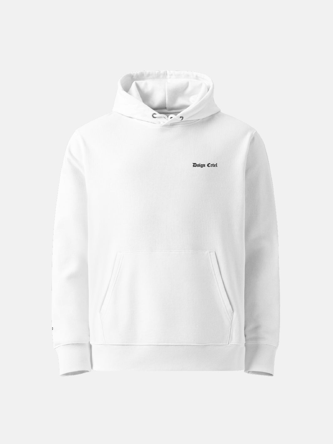 front left chest embroidery of dsigncrtel logo on a white hoodie