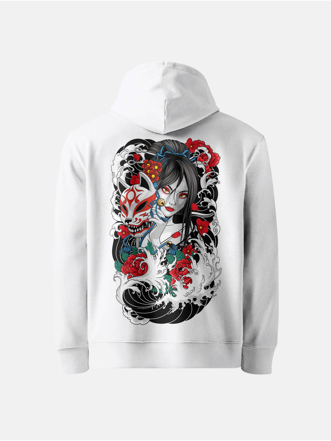 Back view featuring geisha with fox mask, waves, and blossoms white hoodie