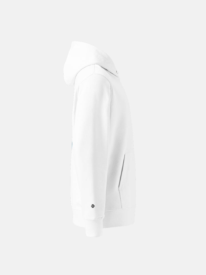 dc monogram embroidered on the right sleeve of a white hoodie