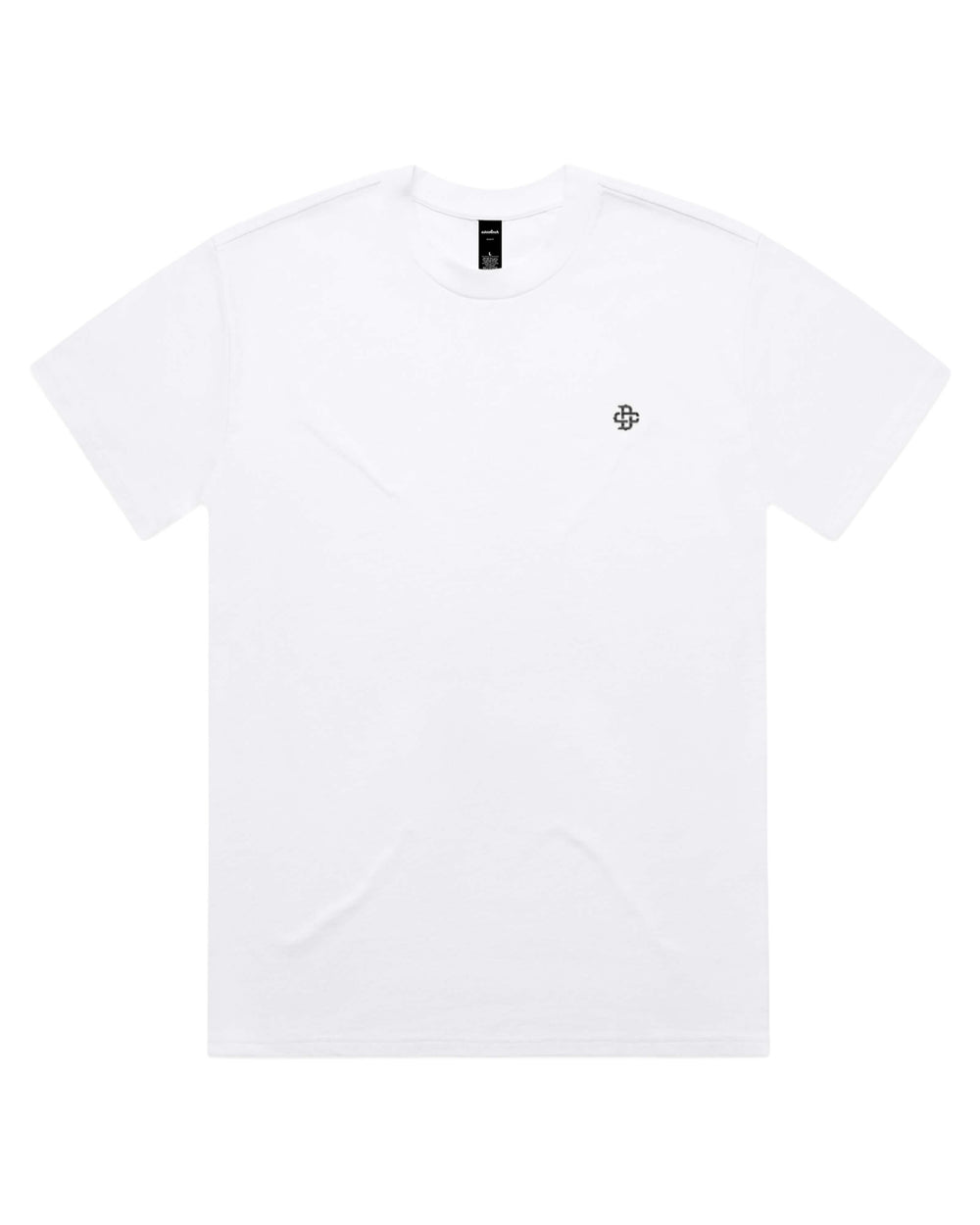 White t-shirt with small black logo on a white background