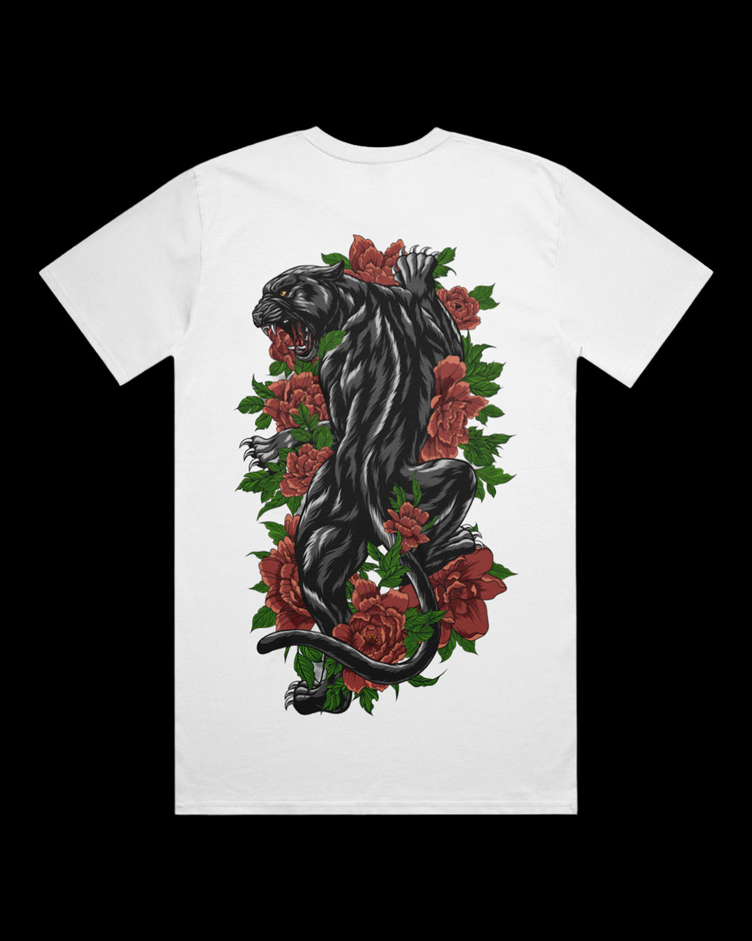 White t-shirt with a black panther and red roses design.