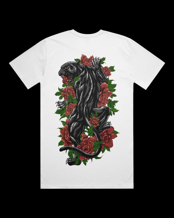 White t-shirt with a black panther and red roses design.