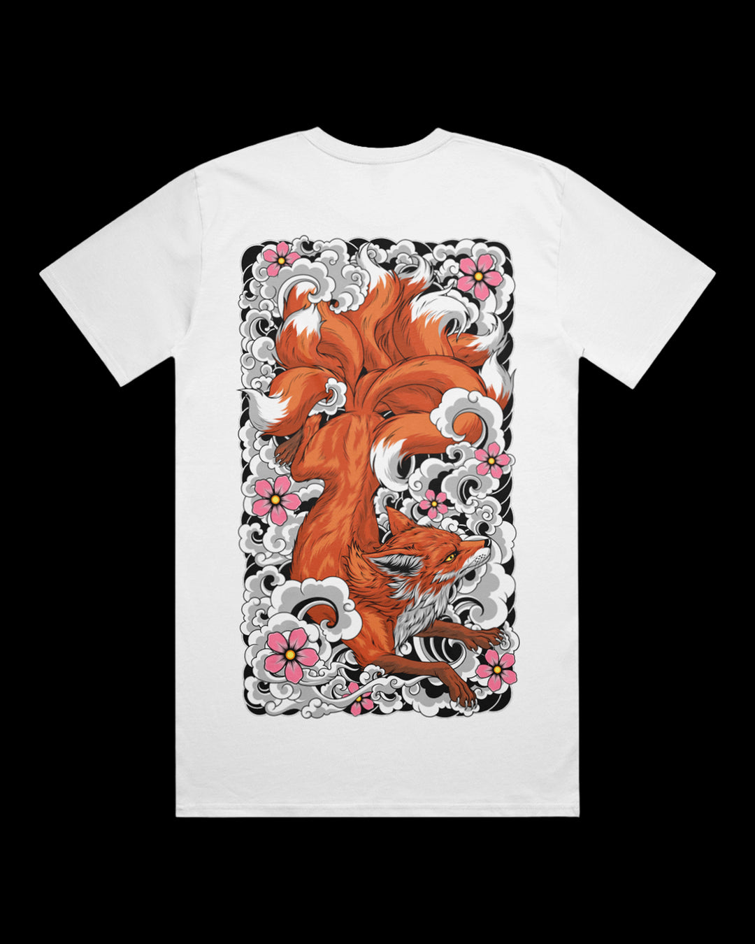 white t shirt with irezumi nine tailed fox large back print