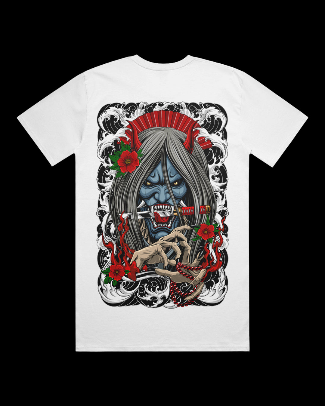 white tee with large hannya graphic on the back