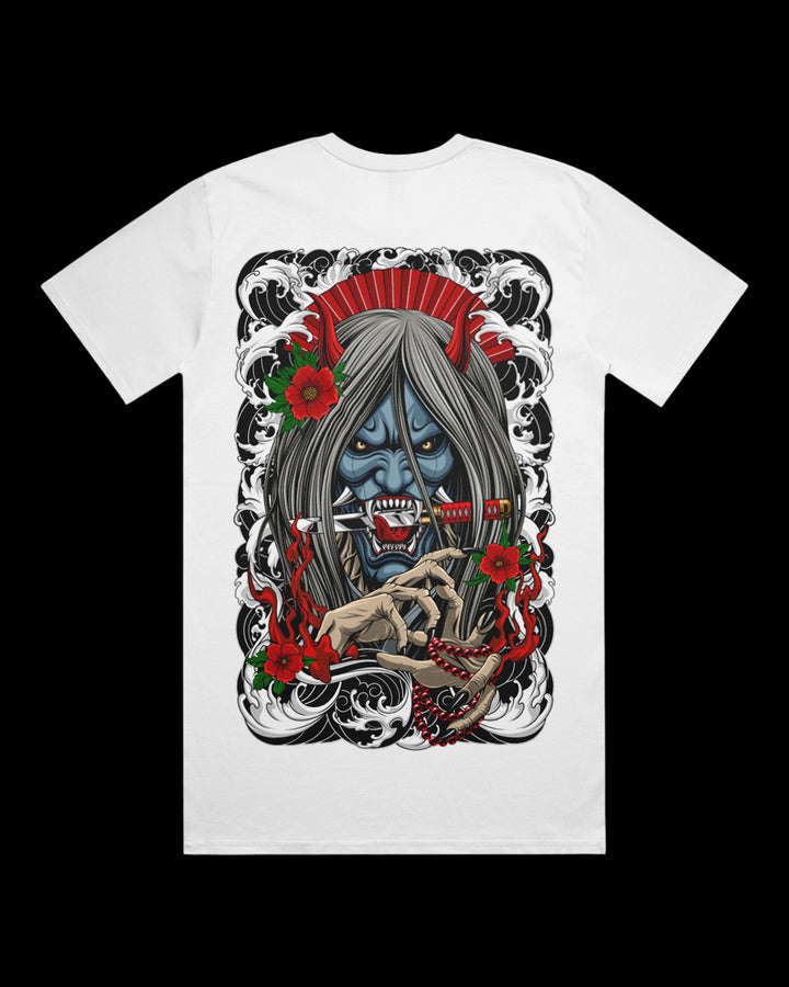 white tee with large hannya graphic on the back