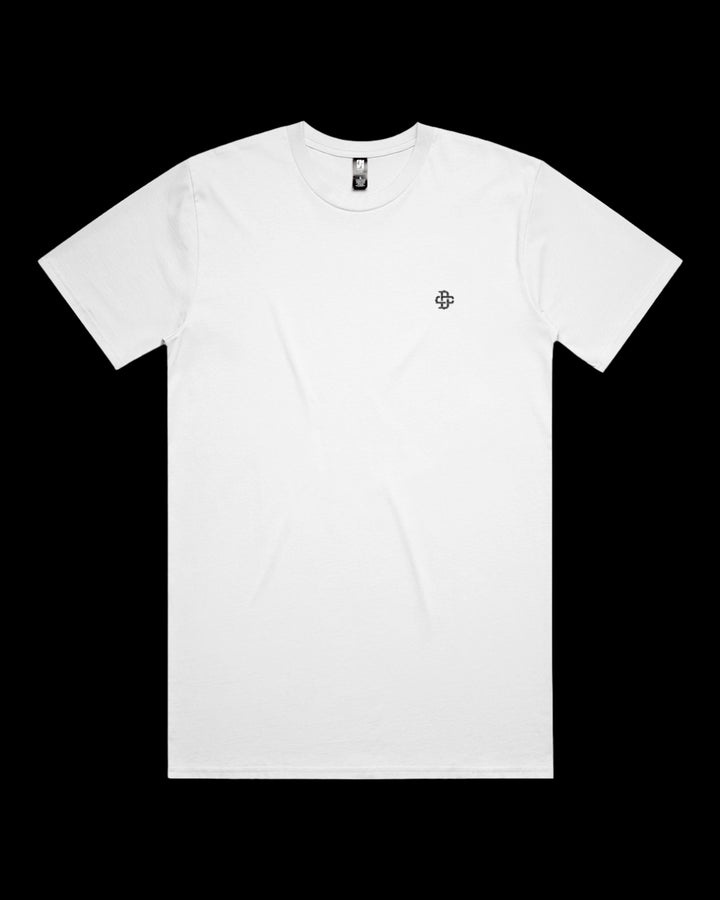 white relaxed t-shirt with a small logo on a black background