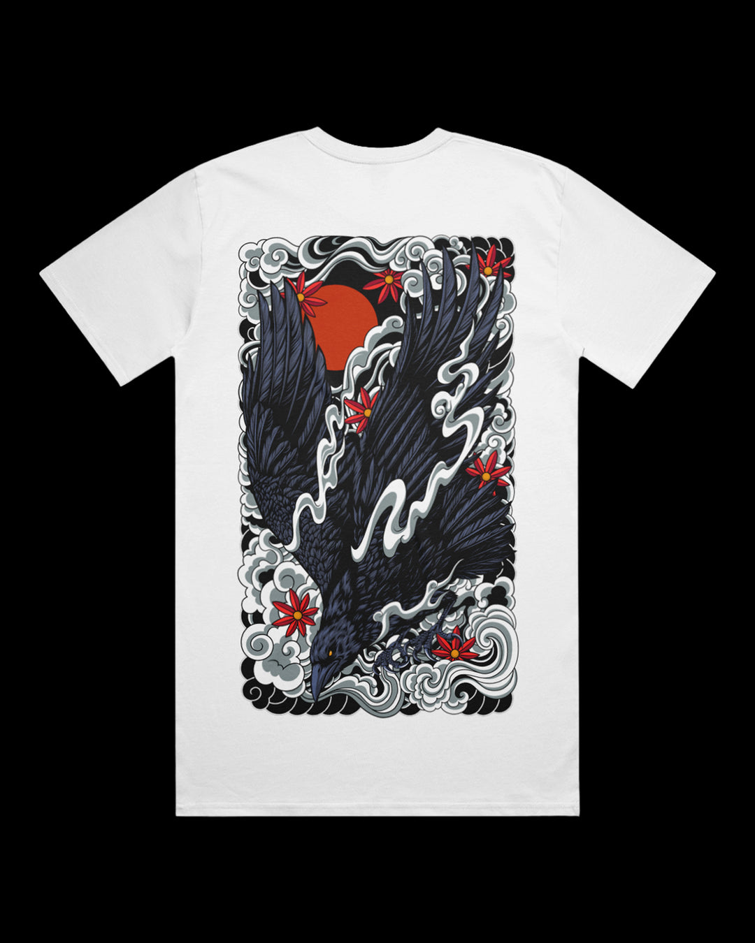 Irezumi inspired graphic print of a decending crow with clouds against a red sun large on the back of a white t shirt