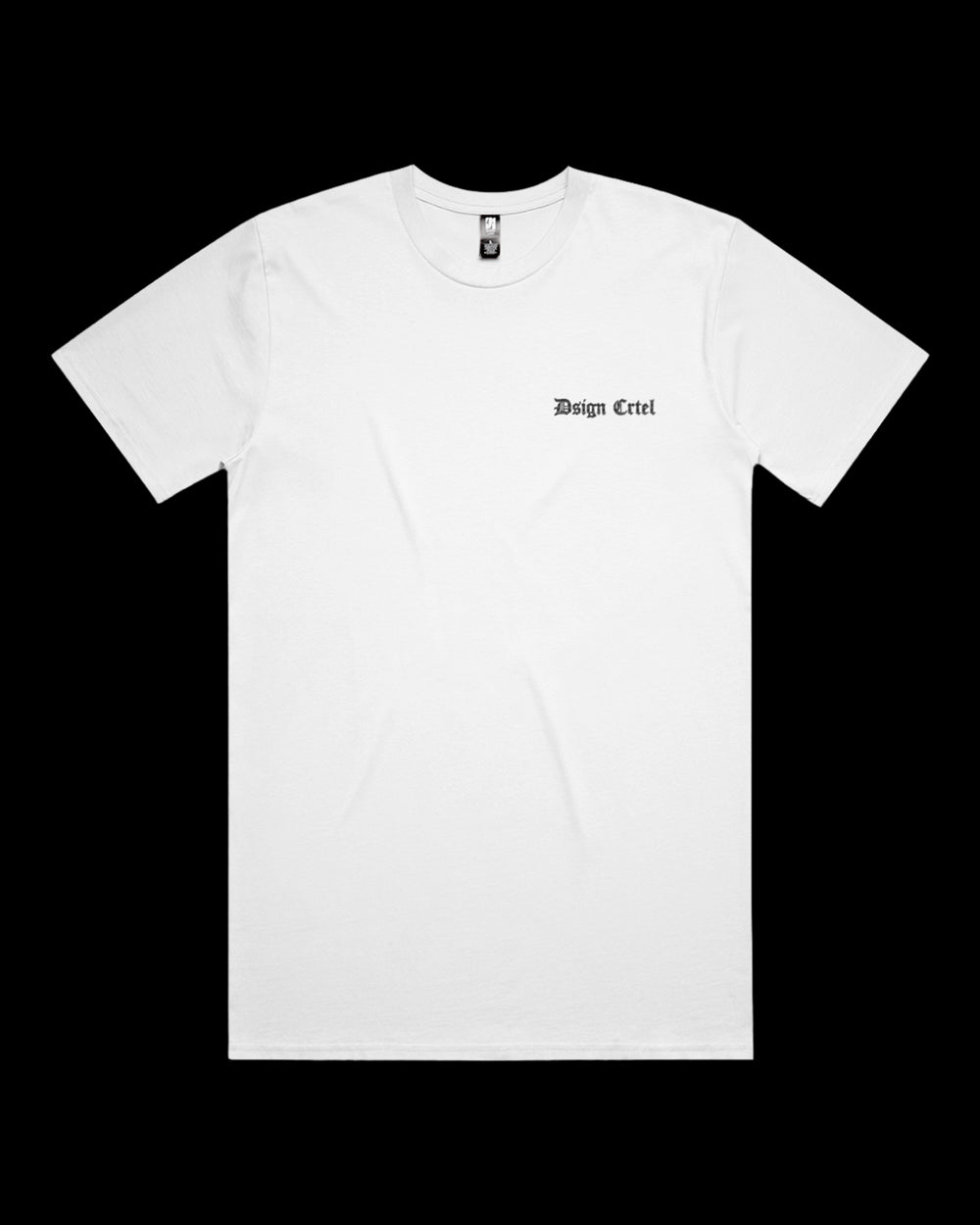 white t-shirt with a small white logo on a black background