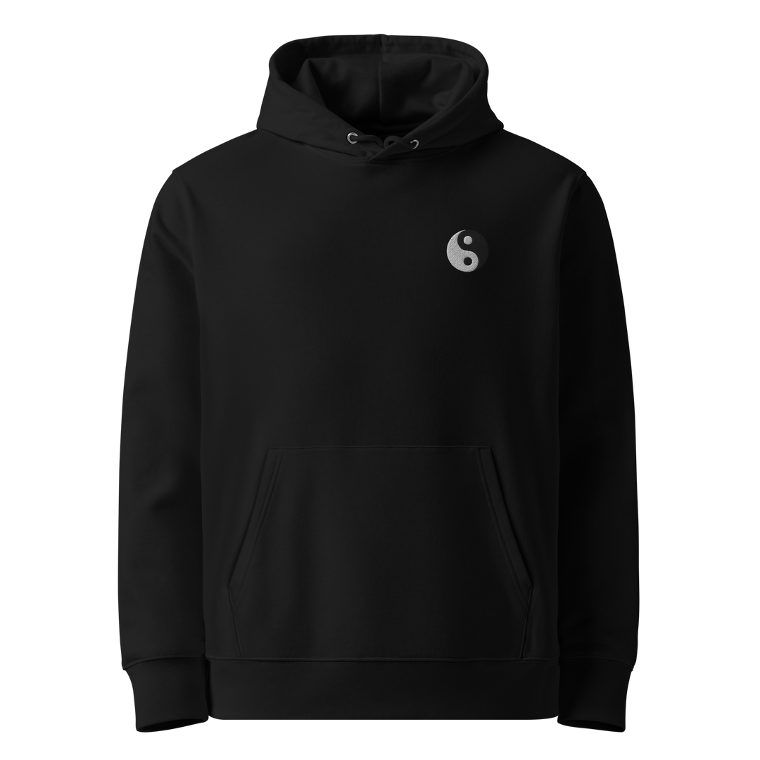 Front view of the Yin-Yang Embroidered Hoodie in Black, featuring a minimalist embroidered Yin-Yang symbol.