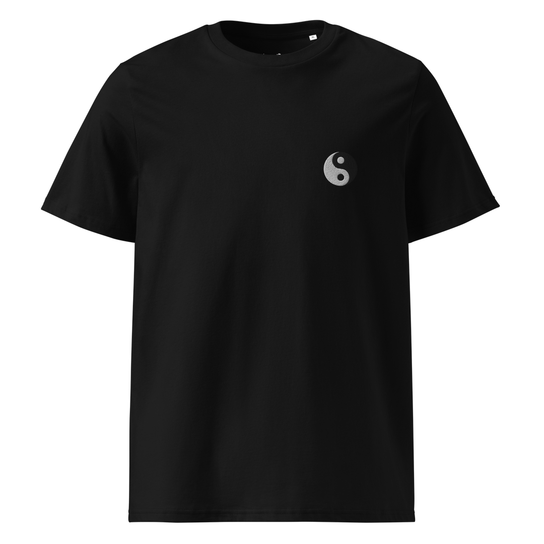 Front view of the Yin-Yang Embroidered Tee in Black, featuring a minimalist embroidered Yin-Yang symbol.